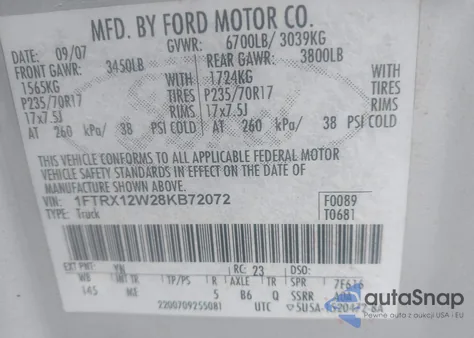 2008 Ford F-150 Fx2/Stx/Xl/Xlt из США, поврежденный, VIN 1FTRX12W28KB72072